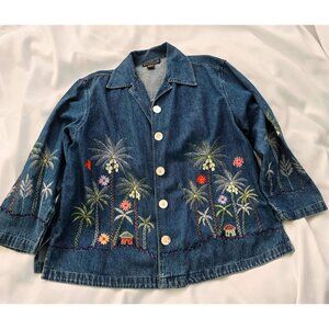 Womens Embroidered Denim Jacket With Tropical Palm Tree & Hut Design Button-Up